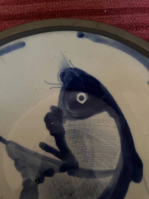 Serving Bowl Ceramic Porcelain Blue Koi Carp Fish Bowl Zinc? Tin? Metal Shell 8”