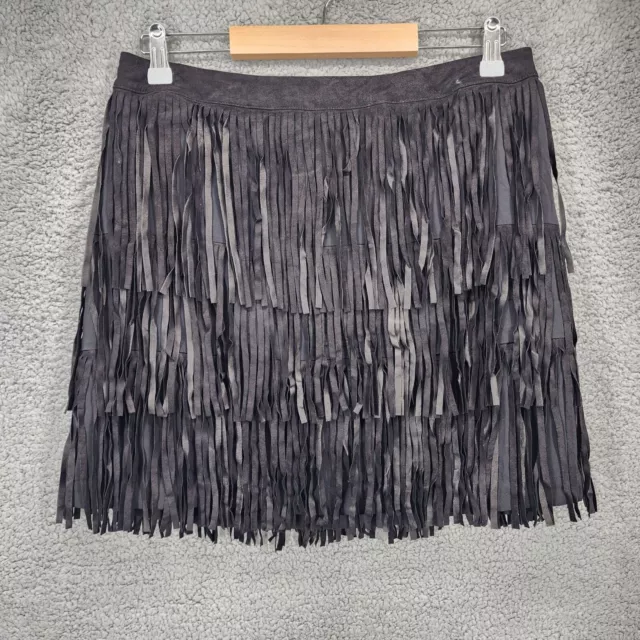 Alice + Olivia Women's Size 12 Black Goat Leather Fringed Mini Skirt $495 NWT