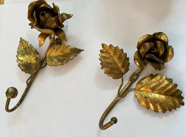 Cool Vintage Gold-tone Hollywood Regency Pair of ROSE Wall Hooks~6"