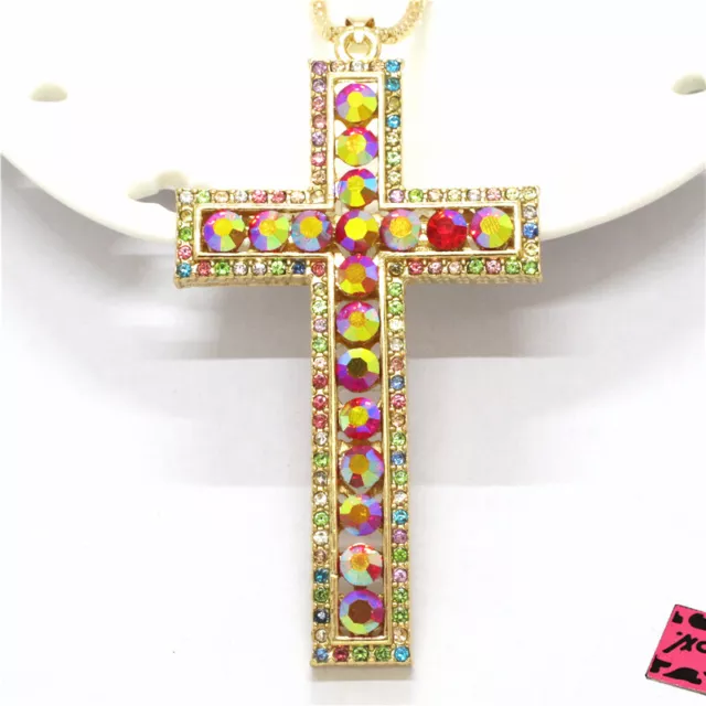 New Betsey Johnson AB Color Prayer Cross Bling Crystal Pendant Chain Necklace