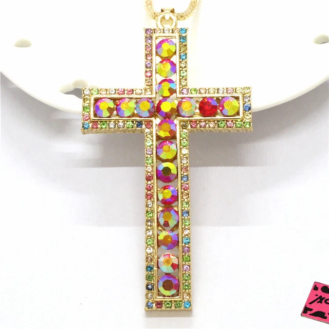 New Betsey Johnson AB Color Prayer Cross Bling Crystal Pendant Chain Necklace