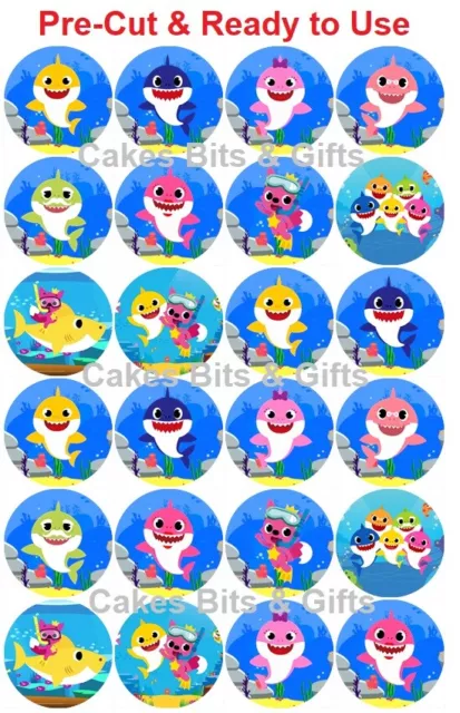 24x BABY SHARK MIX 2 Edible Wafer Cupcake Toppers PRE-CUT Ready to Use