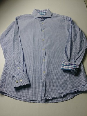 Isaac Mizrahi Mens Slim Fit Flip Cuff Dress Shirt Size 16 34/35 Blue Check