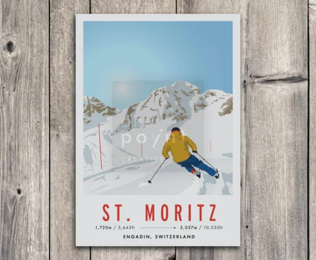 St. Moritz, Switzerland Vintage Snowboard/Ski A3 A4 Travel Poster Art Print