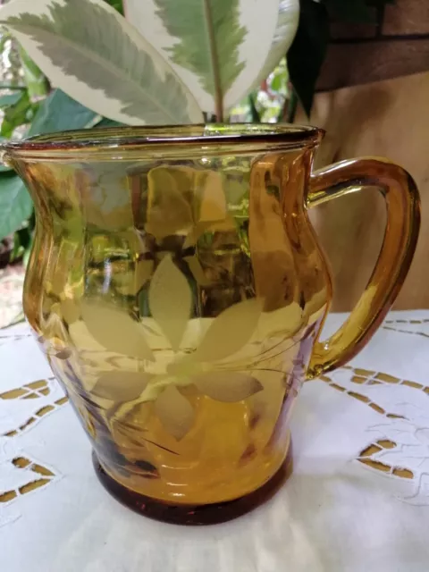 Vintage Italian Amber Glass Pitcher / Large Jug Etched Floral Design Perfect