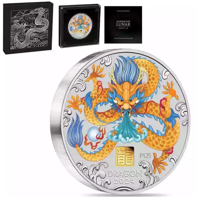 2024 1 KILO Proof Colorized Silver Lunar Dragon Gold Privy Perth Mint