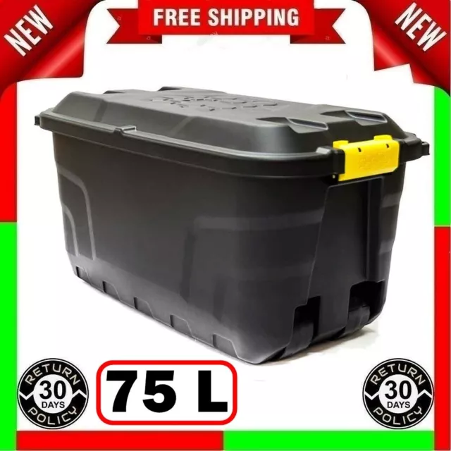 XL Heavy Duty 75 Litre Plastic Storage Box Container Trunk On Wheels Garage New