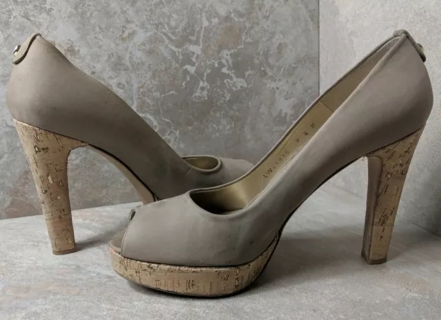 Stuart Weitzman Sz 9.5 M Nude Suede Peep Toe Cork Platform Pumps Heels