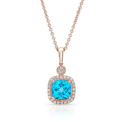 Coussin Topaze Bleu Suisse Diamant Collier 14k or Rose 1.78 Carats Naturel