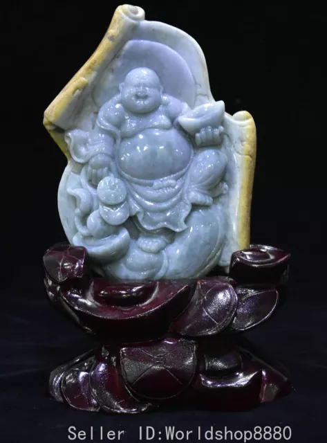 9.6" ancient Chinese natural emerald jade carving Maitreya Buddha sculpture