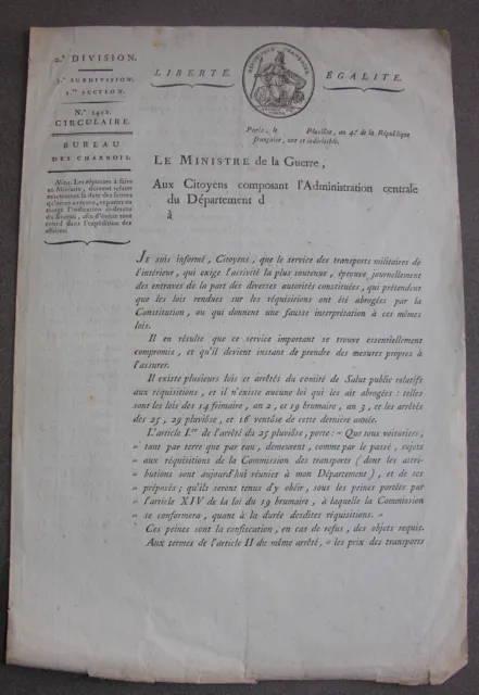 Aubert du Bayet. Loi Comité du Salut Public sur Charrois et Voiturier. 1795.