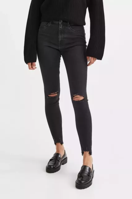 H&M Damas Negro Gris Rasgado Cintura Alta Elástico Ajustado Tobillo Jeans Talla 14 Nuevo