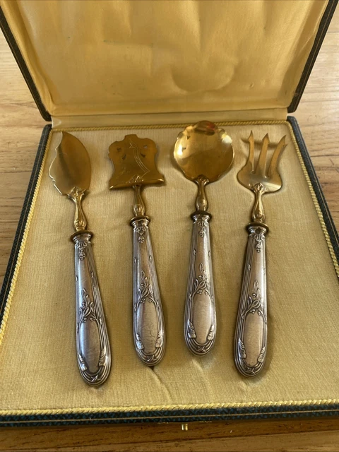 Ancien Coffret Service à Dessert Et Mignardises – Vermeil Et Argent Fourré, Couverts Dorés, état Très Bon