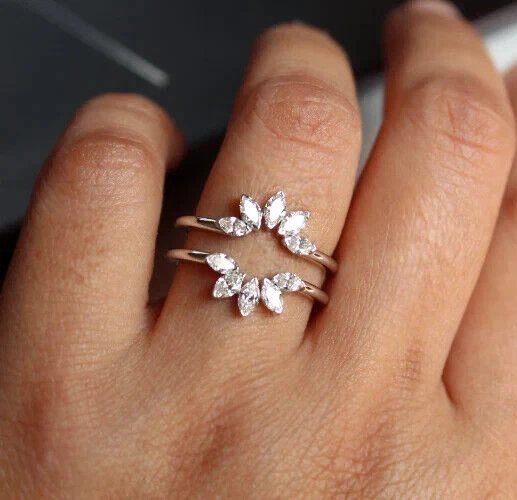 925 Silver Marquise Moissanite Halo Enhancer 14k White Gold Plated Womens Ring