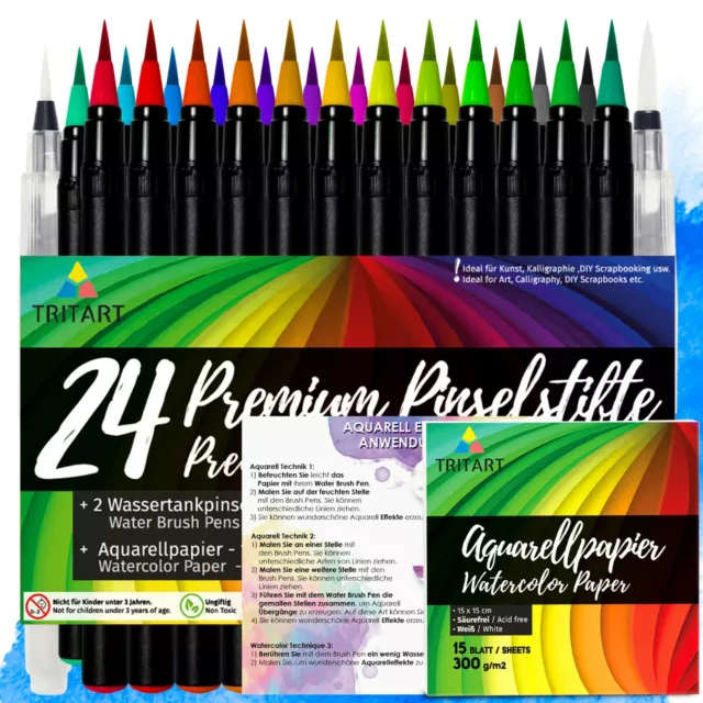 Pinselstifte Set | 24 Brush Pens | 2 Wassertankpinsel |15 Aquarellpapier Blätter