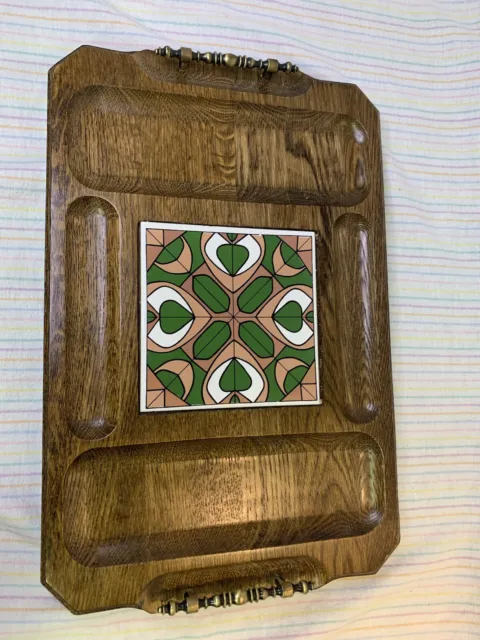 Vintage Wood Cheese Cracker Board Ceramic Tile With Handles Kitsch