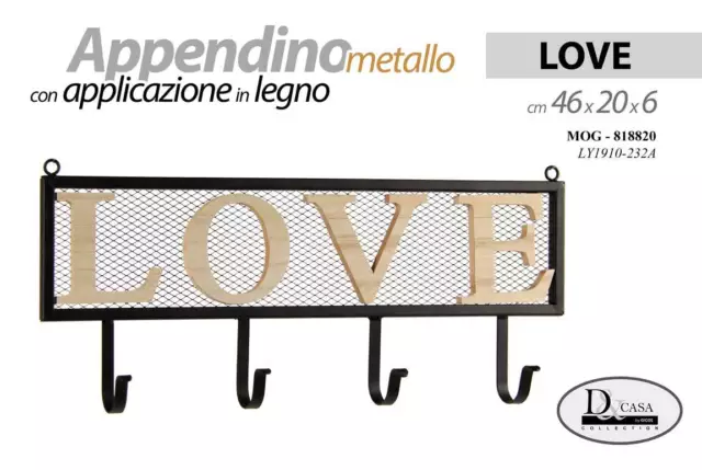 Appendino Appendi Abiti Da Parete 4 Posti 40*20*6 Cm Decoro Love Mog-818820