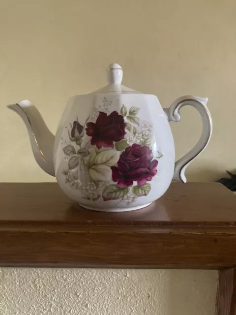 Vintage Ellgreave Wood & Sons Ironstone Teapot England Burgundy Pink Roses