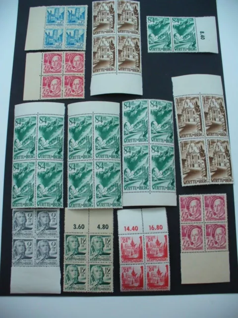 Franz-Zone/Württemberg, 1947, 4er- Einh. aus MiNr. 1-13, postfr m. Randstreifen