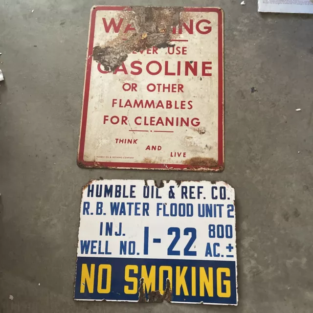 Original Porcelain HUMBLE OIL & REFINING  Sign Lot Of 2 1943