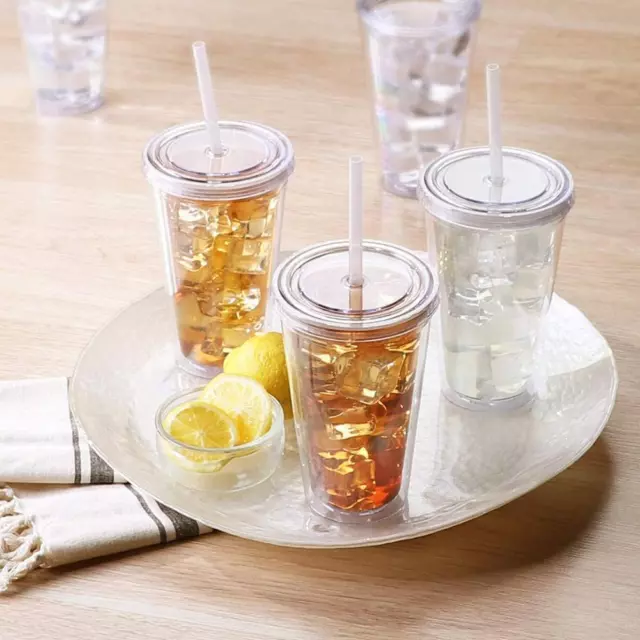 16OZ Double-Walled Cups Plastic Clear with Lid and 480ml Drink Straw E1G9 D9J1