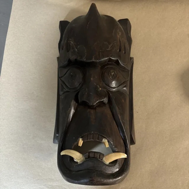Vintage Japanese Hannya Oni Demon Carved Mask 13.5” X 6.5”