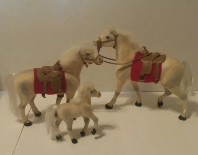 Vintage Horse Family of 3 with Flocked Hair, real fur manes, Full Tack on 2