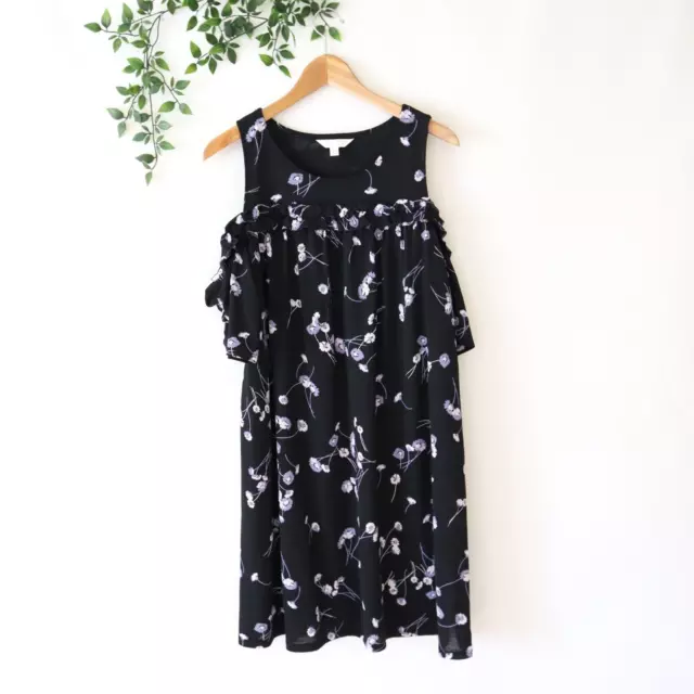 LC Lauren Conrad Black Blue Floral Short Sleeve Cold Shoulder Dress L Large