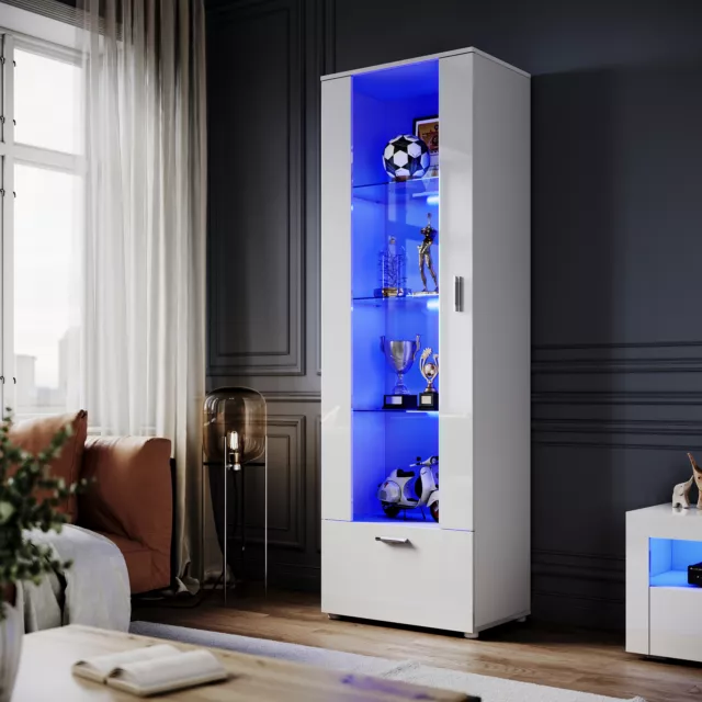 High Gloss White Tall Display Cabinet Cupboard Storage Sideboard with LED Lights