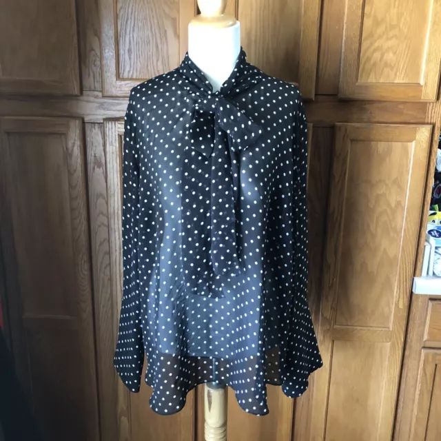 Rachel Rachel Roy Women’s 2X Bow Tie Blouse Black Polka Dot Sheer THREAD PULLS*