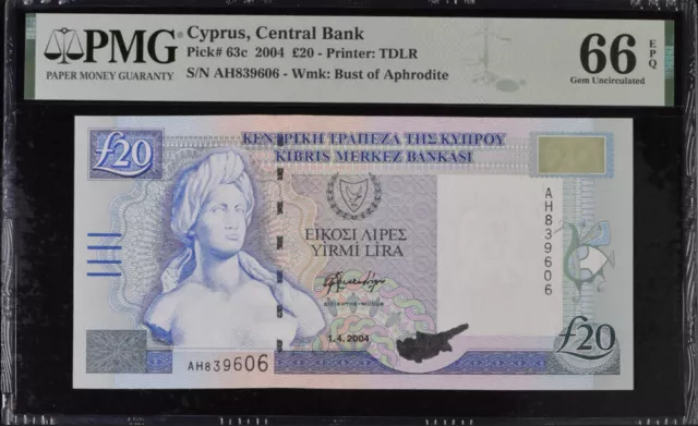 Cyprus 20 Pounds 2004 P 63 c Gem UNC PMG 66 EPQ