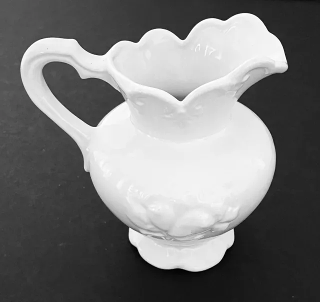 White Ceramic Small Pitcher Jug Vase Raised Fruit Ornate Handle Scalloped Edge