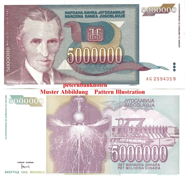 Jugoslawien /  Yugoslavia 5.000.0000 Dinara 1993 Unc P 121  6001# Kassenfrisch..