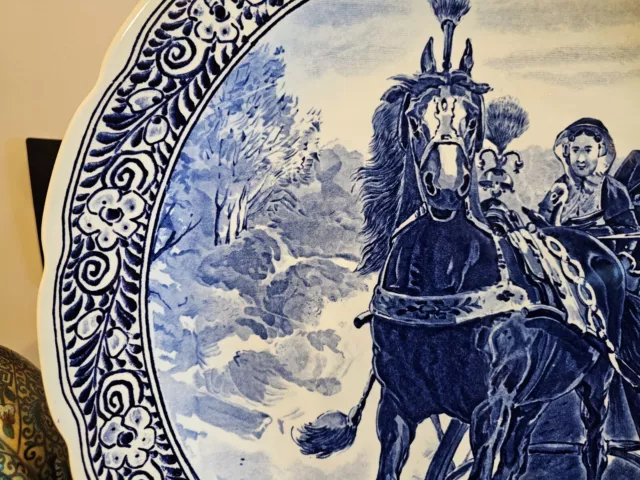 Delft Large Plate Royal Sphinx Horse Sled Carriage Dutch Holland 16"