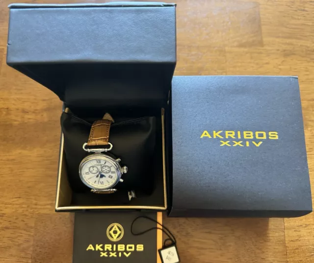 Women's Akribos XXIV AK754BR Swiss Chronograph Moon-phase Genuine Leather Watch