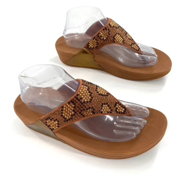 Fitflop Lulu Leopard Crystal Womens Sz 9 Comfort T-Post Sandals Brown Gold
