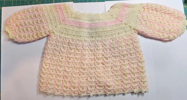 Vintage Handmade Hand Crocheted Baby Jacket or Cardigan Pink and Cream