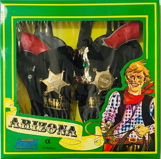VINTAGE APERGIS TOYS Arizona Sheriff Toy Cap Guns Belt Plastic Greek In