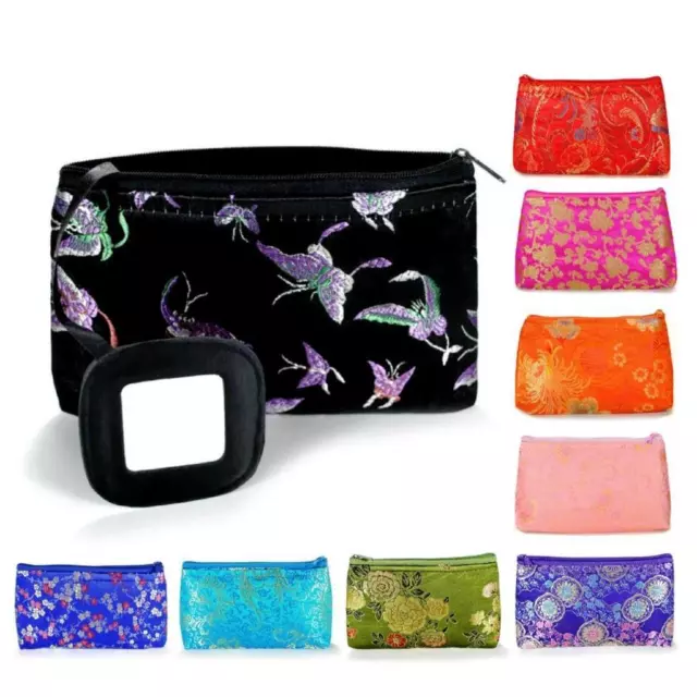 SILK MAKEUP BAG w MIRROR Soft Travel Case Purse Brocade Fabric CHOICE OF COLORS