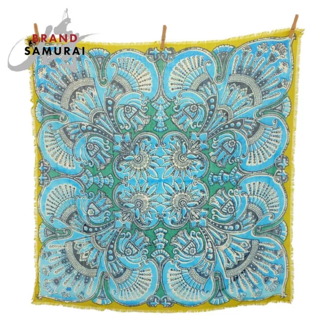 Hermes Carre 90 Mumbai Fringe Blue Yellow Silk Wool Scarf Stole Women'S cC-23
