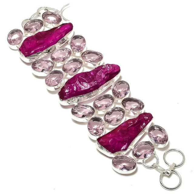 Crystal Titanium, Pink Kunzite Gemstone 925 Sterling Silver Bracelet 7-8" Easter