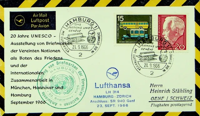 GERMANY 1966 2v 20 YEARS UNESCO EXPO OF UN AIRMAIL COVER/CACHET TO SWITZERLAND