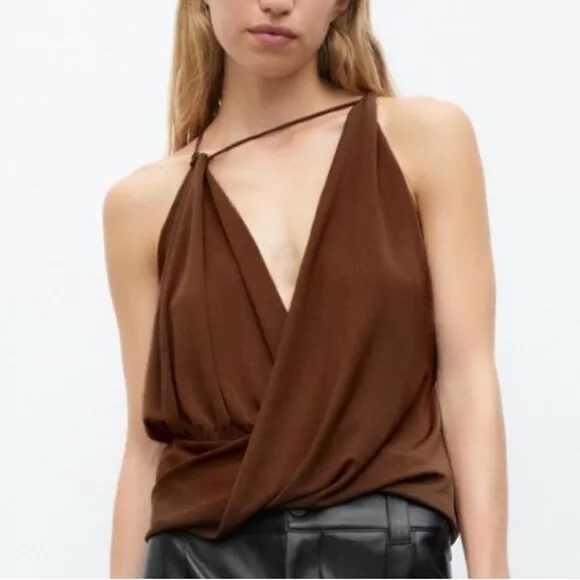 ZARA ~ New! Brown Sleeveless Asymmetrical Knit Surplice Strappy Wrap Top NWT  M