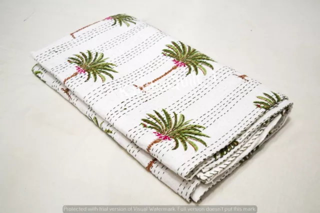 Palm Tree Printed King Kantha Quilt Indian Handmade Bedspread Throw Cotton Gudri