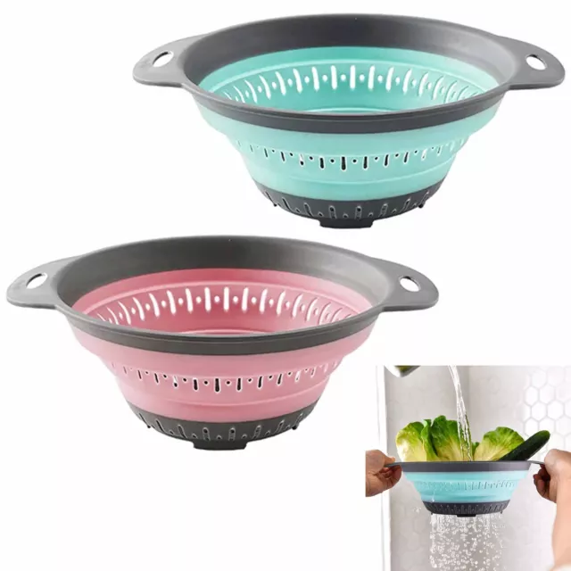 2 Silicona Colador Escurridor Plegable Desagüe Pasta Cesta de Frutas Cocina