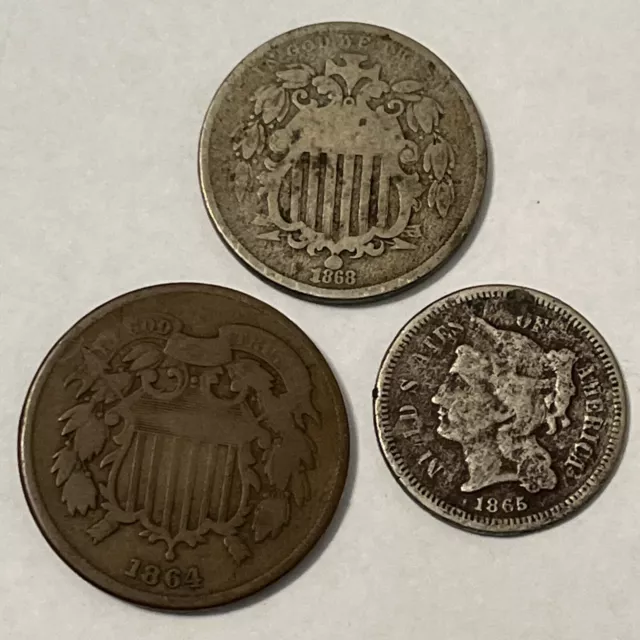 1865 3 Cent Piece & 1864 2 Cent Piece & 1868 5C United States 3 Coins