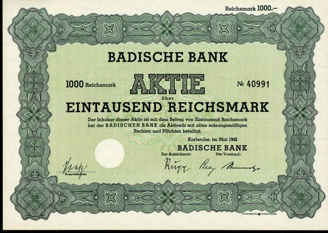 Aktie: Badische Bank, Karlsruhe, 1.00 RM, 1942 (286)