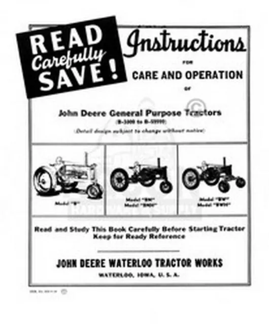 John Deere B BN BNH BW BWH Operators Instruction Manual