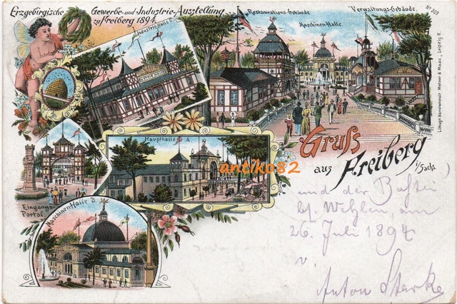 TOP Alte AK Litho Gruß aus Gewerbe Industrie Ausstellung Freiberg Sachsen 1894