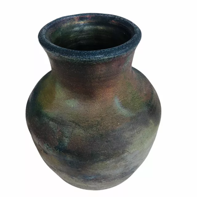 Raku Vase Art Studio Pottery Tall Iridescent Vessel Artist Signed  7 1/2”
